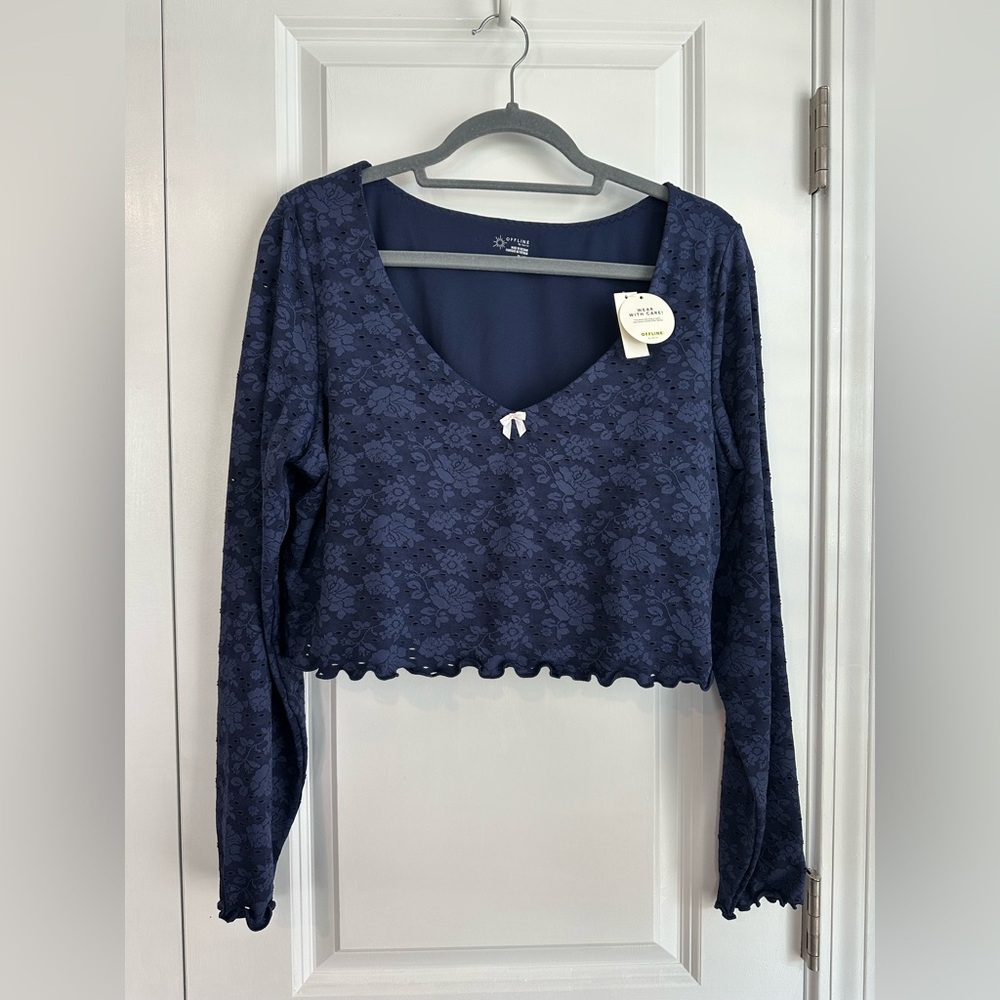 OFFLINE By Aerie Treat Yourself Long Sleeve T-Shirt Royal Navy NWT Sz XL